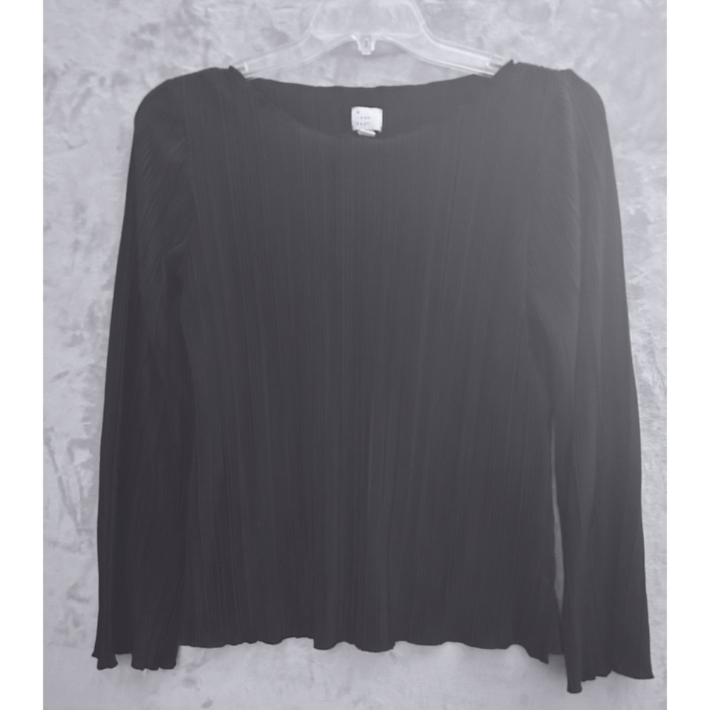 A New Day Plisse Pleated Top Women Medium Black Excellent Long Sleeve Crew Neck